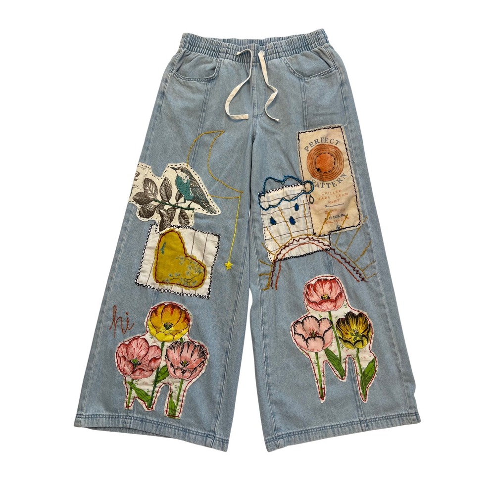 Upcycled Universal Thread Light Wash Hand Embroidered Patchwork Wide Leg Jeans M
